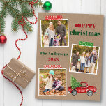 Cartão Postal Artesanato Fita Vermelha Caminhão Natal Kraft<br><div class="desc">O Cartão Postal de Feriado de Colagem de Foto Feliz Natal 3 inclui Fita de Artesanato e Caminhão Vermelho de Vintage de CódÁgua com Árvore de Natal. Rustic Kraft Paper.</div>