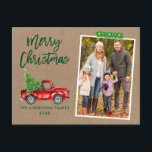 Cartão Postal Artesanato Roteiro de Pincel do Pincel do Kraft Na<br><div class="desc">Manuscrito Moderno em Pincel Watercolor Vintage Red Truck com Árvore de Natal Cartão-postal da Família Feliz de Natal - Livro Russo Kraft,  Fita de Artesanato Verde em Floco de Neve</div>