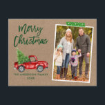 Cartão Postal Artesanato Roteiro de Pincel do Pincel do Kraft Na<br><div class="desc">Manuscrito Moderno em Pincel Watercolor Vintage Red Truck com Árvore de Natal Cartão-postal da Família Feliz de Natal - Livro Russo Kraft,  Fita de Artesanato Verde em Floco de Neve</div>