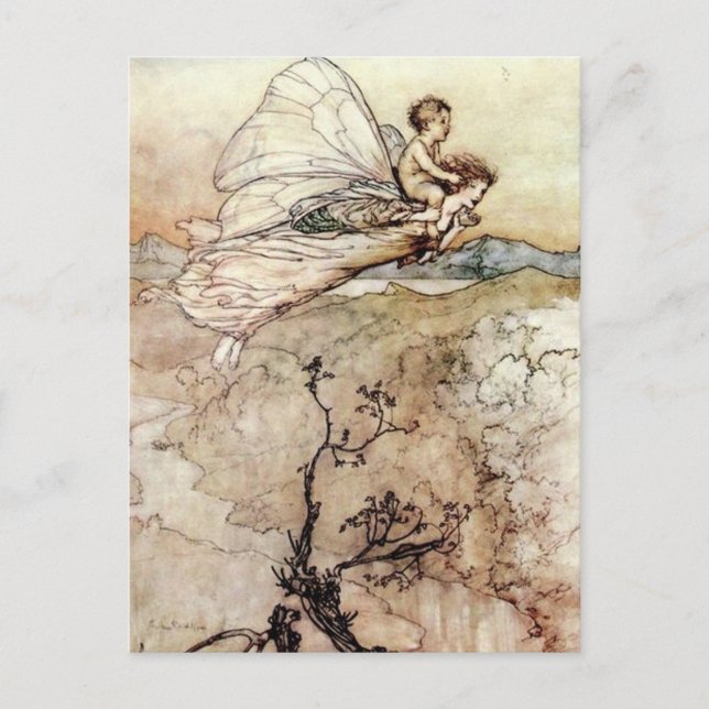 Cartão Postal Arthur Rackham Fairy e Baby Flying (Frente)