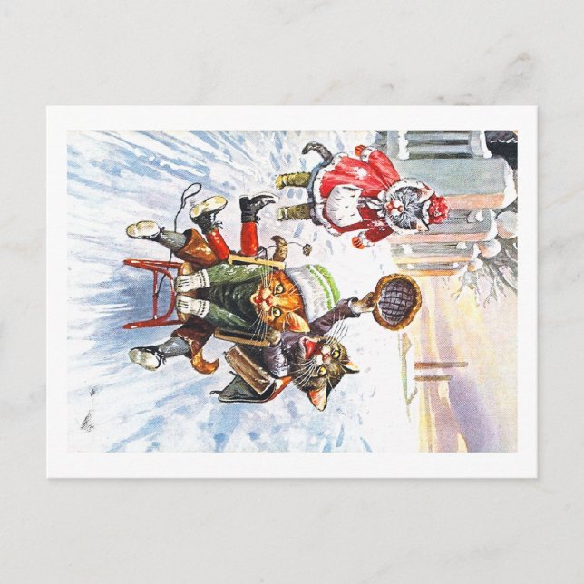 Cartão Postal Arthur Thiele - Gatos indo Descida com neve (Frente)