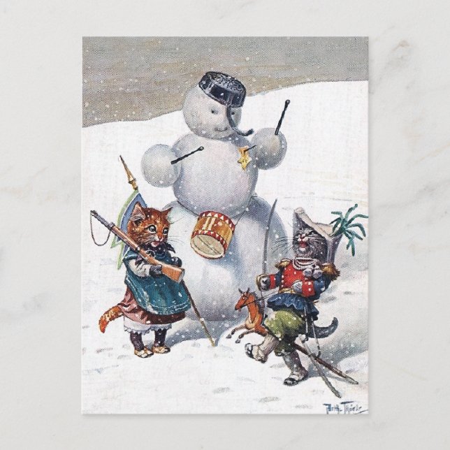 Cartão Postal Arthur Thiele - Kittens e Snowman (Frente)