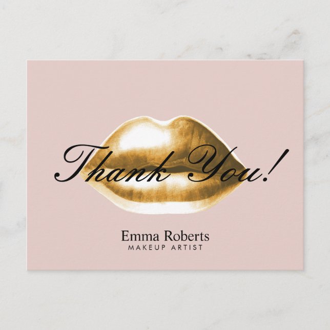 Cartão Postal Artista Dourado Lábios Blush Pink Salon Obrigado (Frente)