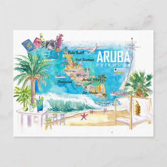 Cartão Postal Aruba Antilhas Holandesas Ilha do Caribe Ilustrada (Frente)
