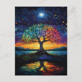 Cartão Postal Árvore Caprichosa da Vida Abstrato Arco-Íris Azul