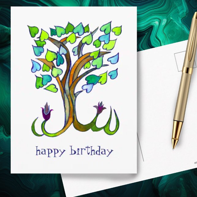 Cartão Postal Árvore Coração Doce ANIVERSÁRIO FELIZ PERSONALIZAD (Pretty heart shaped leaves on this watercolor tree makes a cute custom birthday postcard)