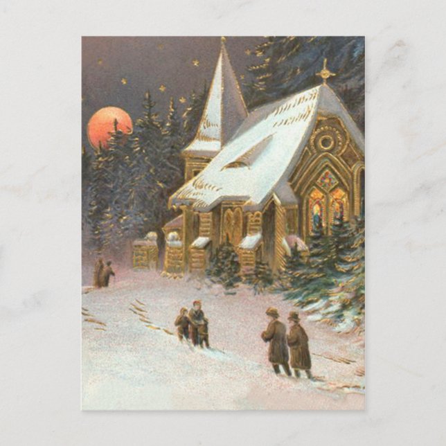 Cartão Postal Árvore da Igreja Neve Lua Estrelas (Frente)