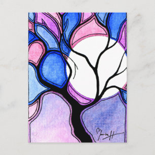 Cartão Postal Árvore de aquarela e Lua - Azul e Rosa