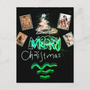 Cartão Postal Árvore de glitter verde esmeralda com 4 fotos pers
