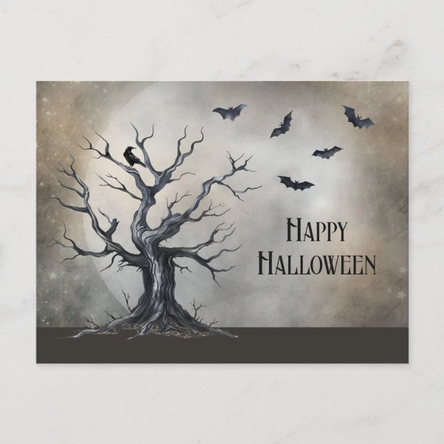 Cartão Postal Árvore de Halloween Spooky com Raven e Bats (Frente)