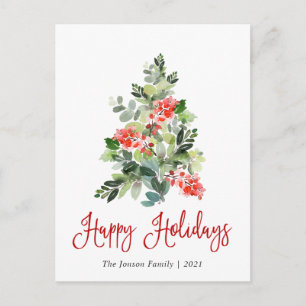 Cartão Postal Árvore de Natal com Folhas de Azevinho em Aquarela