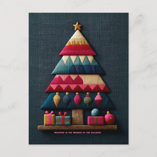 Cartão Postal Árvore de Natal com Textura de Tecido Acolchoado (Frente)
