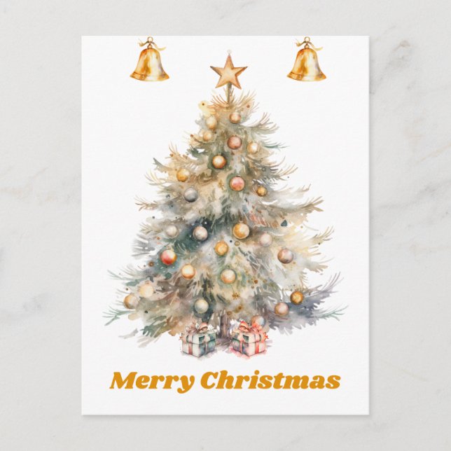 Cartão Postal Árvore de Natal de Aquarela com sinos de jingle, (Frente)