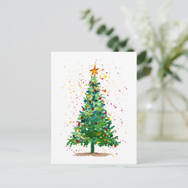 Cartão Postal Árvore de Natal de Aquarela Verde (Em pé/Frente)