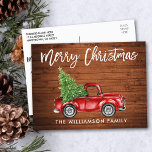 Cartão Postal Árvore de Natal de Caminhão de Vintage com Script<br><div class="desc">Madeira Rústica - Escova-Pincel Vintage Red Truck com Árvore de Natal - Cartão-postal Feliz de Natal</div>