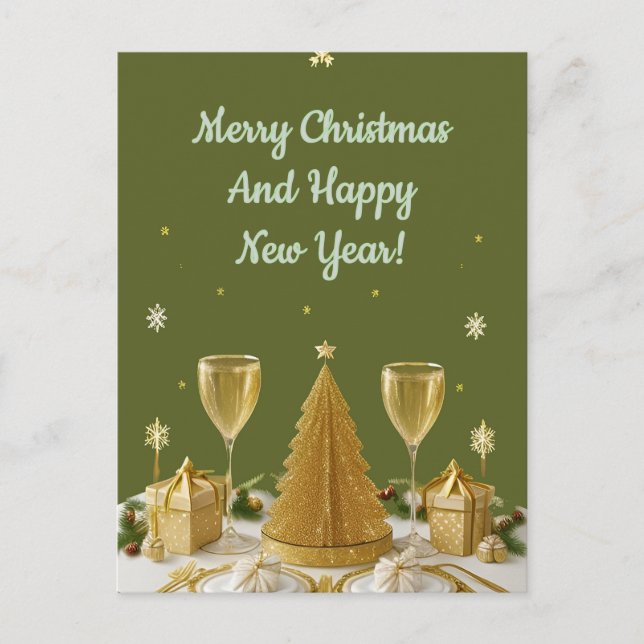 Cartão Postal Árvore de Natal Dourada Alegria de Inverno (Frente)