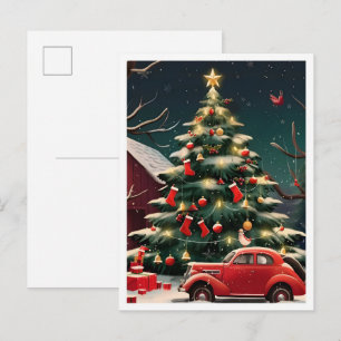 Cartão Postal Árvore de Natal e Carro Antigo