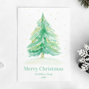 Cartão Postal Árvore de Natal em Aquarela Com Neve Dourada