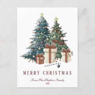 Cartão Postal Árvore de Natal em Aquarela Verde e Marrom