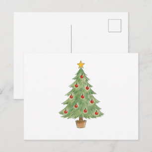 Cartão Postal Árvore de Natal em vaso com enfeites vermelhos