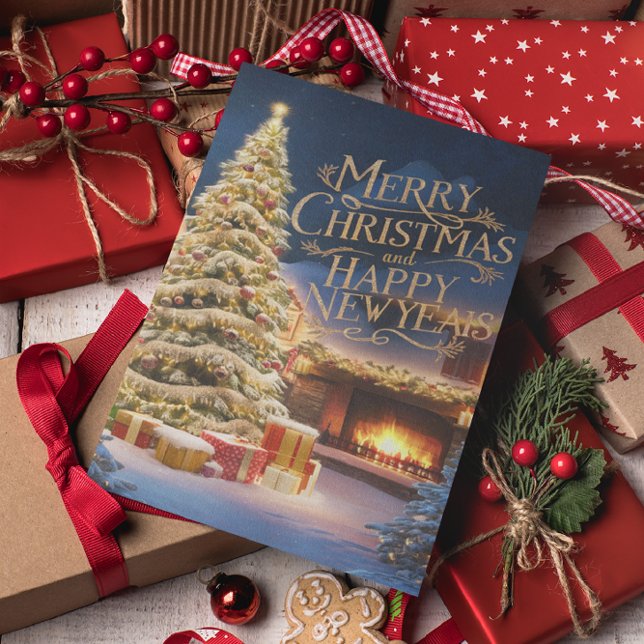 Cartão Postal Árvore de Natal Festiva com Presentes por Lareira (Criador carregado)