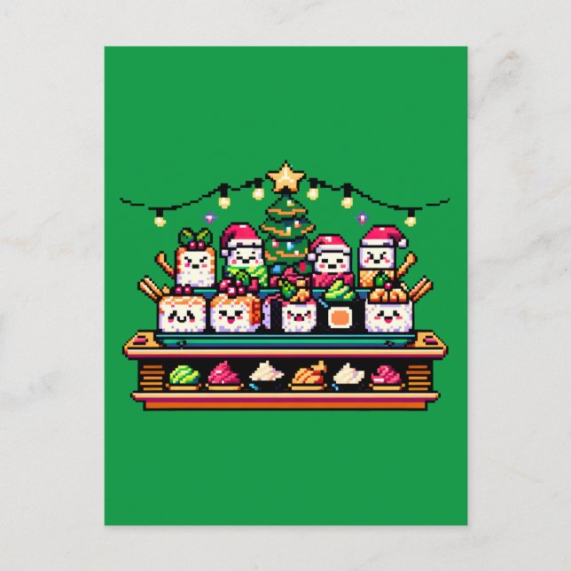 Cartão Postal Árvore de Natal Festivo Sushi - Pixel de Arte (Frente)