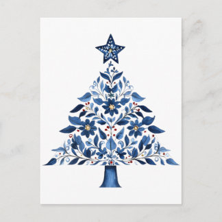 Cartão Postal Árvore de Natal Folclórica Floral Azul