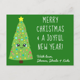 Cartão Postal Árvore de Natal Kawaii Verde Festivo Feliz Natal