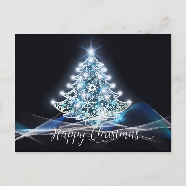 Cartão Postal Árvore de Natal Moderna Neon Azul Branco e Preto (Frente)