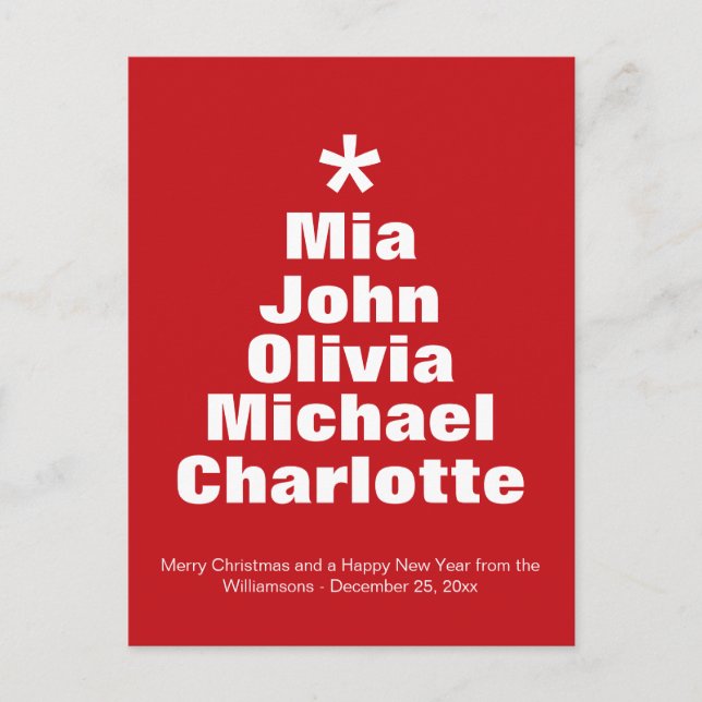 Cartão Postal Árvore de Natal - nomes brancos e personalizados m (Frente)