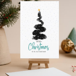 Cartão Postal Árvore de Natal Noturna em Aquarela, Estrelas & Ne