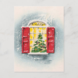 Cartão Postal Árvore de Natal Vintage Fofo em uma Janela