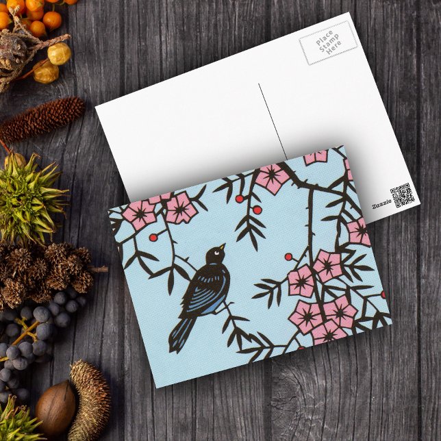 Cartão Postal Árvore do Flor de Cereja Preta (Cute black bird in tree pink cherry blossoms on light blue postcard.)