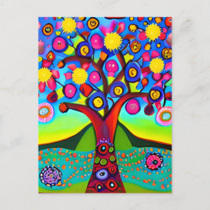 Cartão Postal Árvore Estilizada em Arte Popular Colorida Pensa