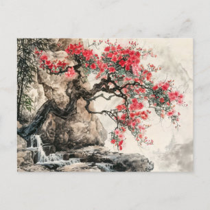 Cartão Postal Árvore Florida em Montanhas à Aguarela Chinesa