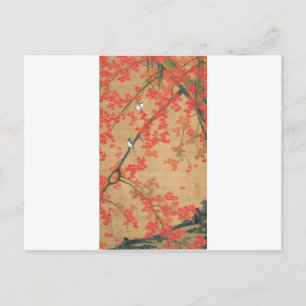 Cartão Postal Árvore mapeada e aves pequenas por Ito Jakuchu