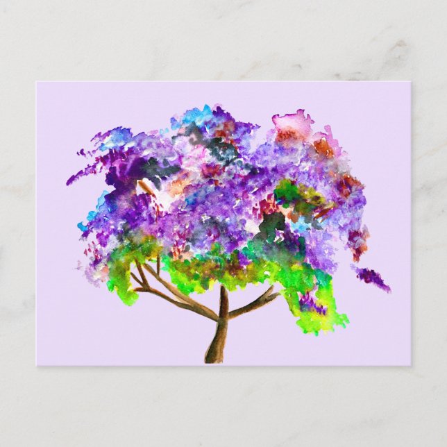 Cartão Postal Árvore roxa Jacaranda de aquarela fina (Frente)