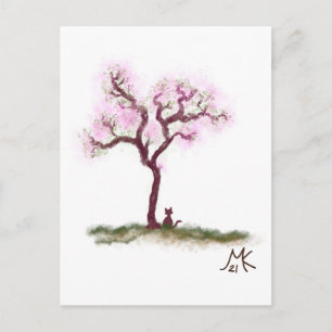 Cartão Postal Árvore Sakura bonito com Cartão-Postal para Gato