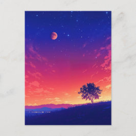 Cartão Postal Árvore Vibrante do Pôr do Sol e Lua de Sangue
