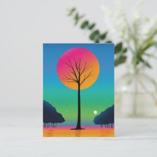 Cartão Postal Árvore Vibrante Sob um Céu de Arco-íris Cósmico