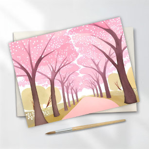Cartão Postal Árvores de Cerejeira Rosa Caminho de Aquarela