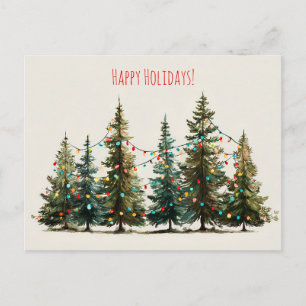 Cartão Postal Árvores de Natal decoradas com guirlandas colorida