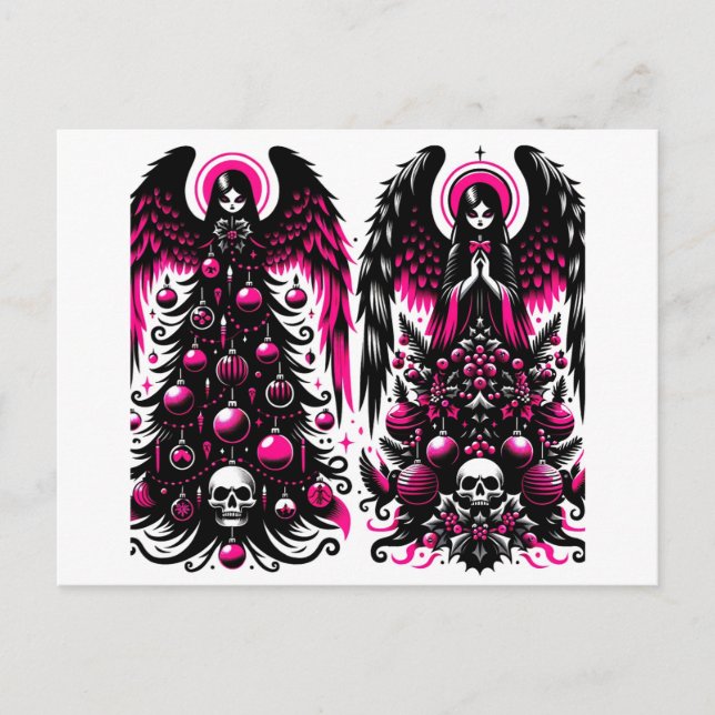 Cartão Postal Árvores de Natal Típicas, Rosa e Anjo Negro (Frente)