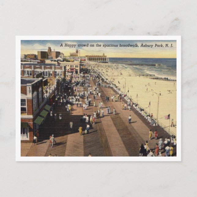 Cartão Postal Asbury Park NJ, A Happy Boardwalk Crowd 1950s (Frente)