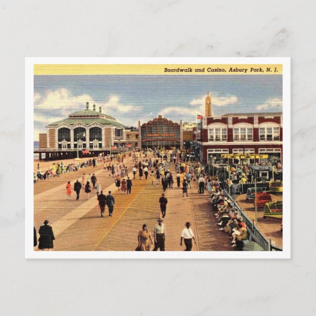 Cartão Postal Asbury Park NJ Boardwalk e Casino anos 40 (Frente)