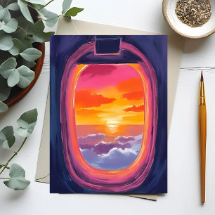 Cartão Postal Assento da Janela Pôr do Sol Avião Viagem Pintura