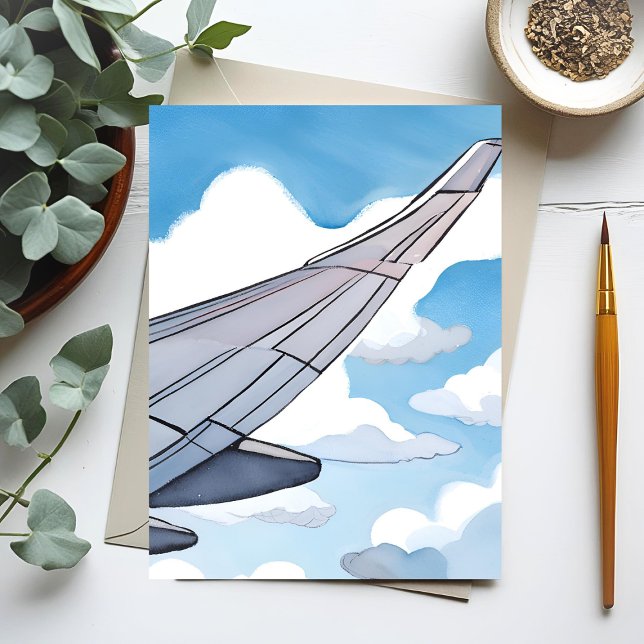 Cartão Postal Assento na Janela | Asa de Avião Céu Aquarela Viag (Criador carregado)