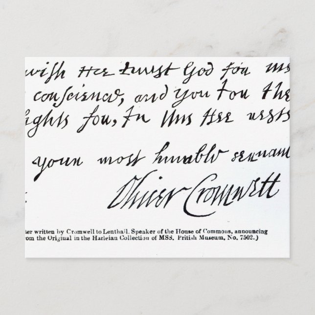 Cartão Postal Assinatura Oliver Cromwell, manuscrita (Frente)
