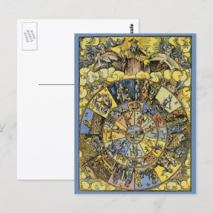 Cartão Postal Astrologia Vintage, Renascença Roda Zodiaca, 1555