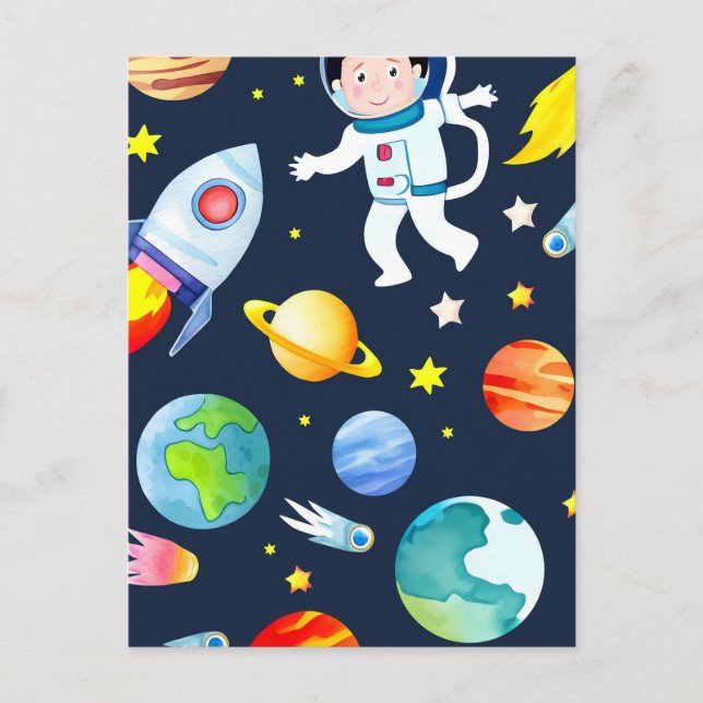 Cartão Postal Astronaut in Space Planets and Rockets Pattern (Frente)